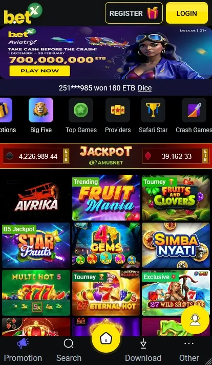 Betx mobile lobby shown on a smartphone held in one hand