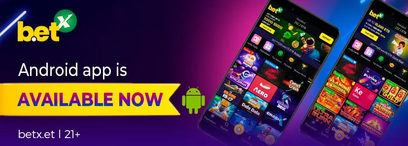 Betx Android app banner with two phone screens and an Android mascot