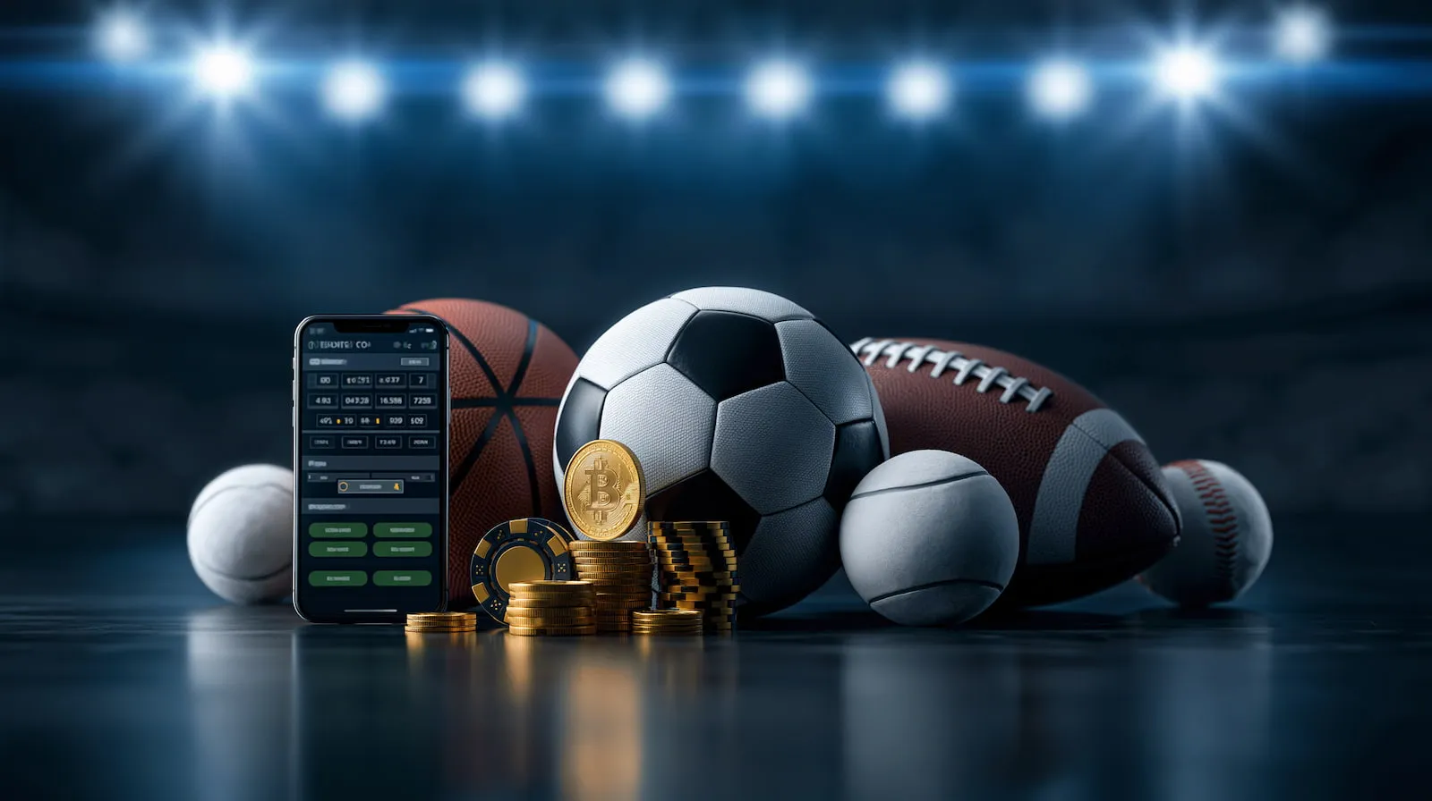 Smartphone showing a Betx betting screen among coins and sports balls