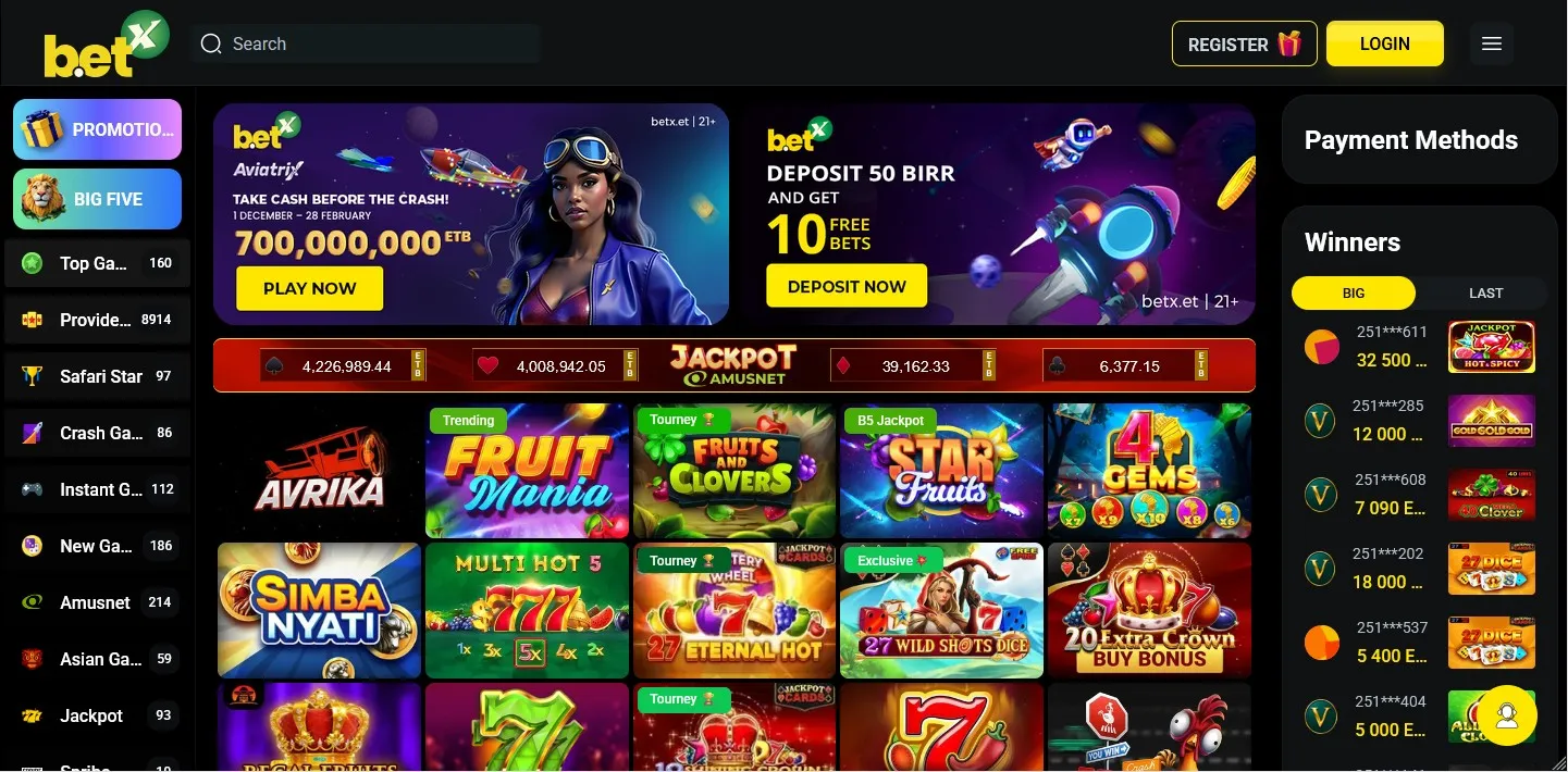 Betx casino lobby with jackpot tickers and a grid of slot games